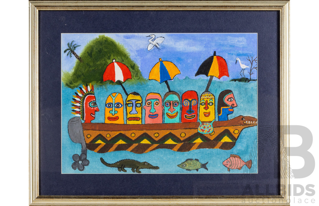 Matthias Kauage, (20th Century, Papua New Guinean, c1944-2003), Oi Pasindia (The Passengers), Original Oil on Canvas Board, 43H x 55W cm (frame)