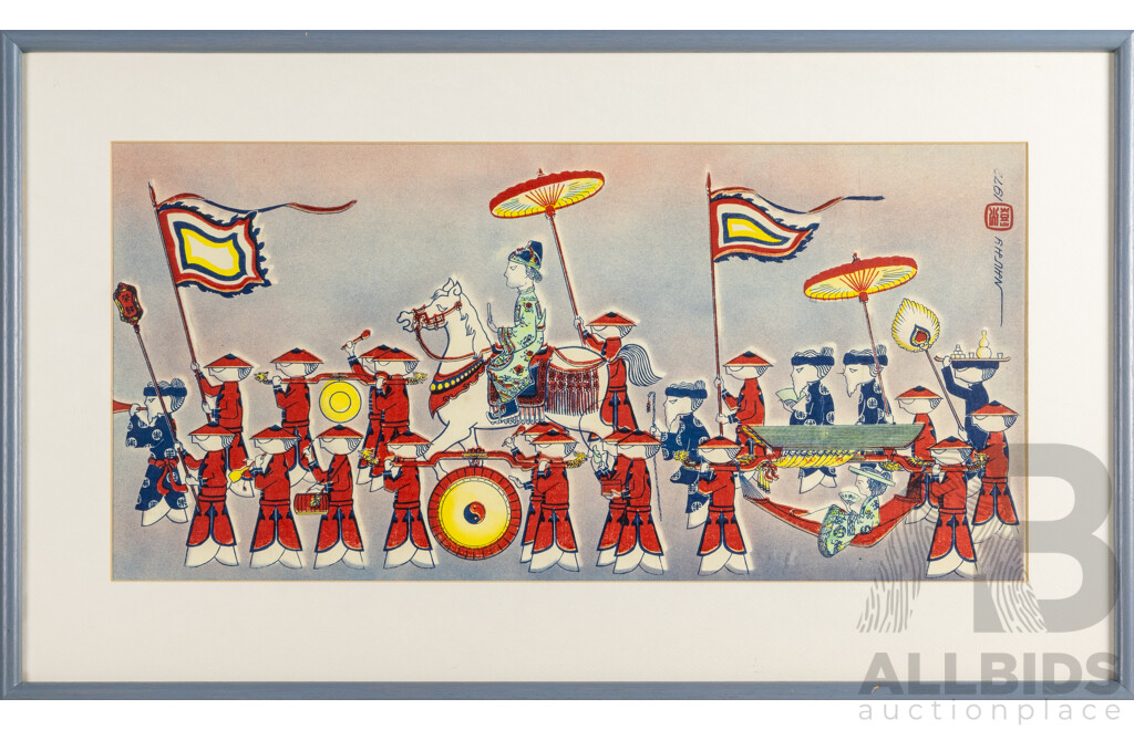 Artist Unknown, (20th Century, c1970s, Vietnamese School), Ceremonial Parade (1972), Original Vintage Woodblock on Cloth Panel, 51H x 85W cm (frame)