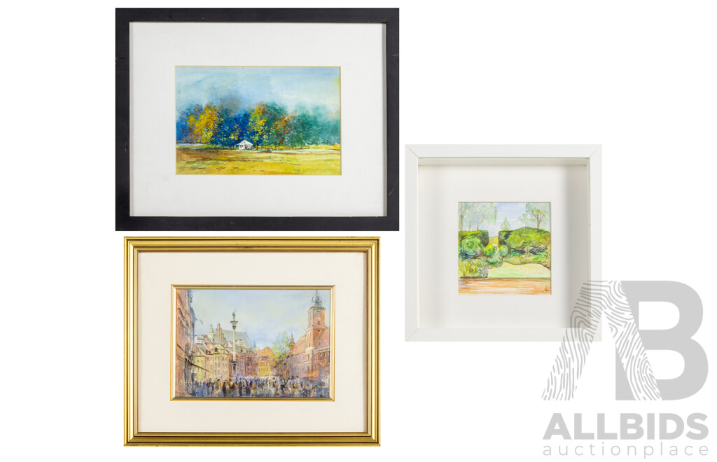 Artists Unknown (20th Century), Lone Cottage & Path Way Home [Original Watercolours], Polish Cityscape [Original Oil], Set of Three Miniature Works, 36W x 28H cm (largest frame) (3)
