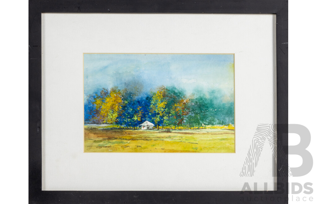 Artists Unknown (20th Century), Lone Cottage & Path Way Home [Original Watercolours], Polish Cityscape [Original Oil], Set of Three Miniature Works, 36W x 28H cm (largest frame) (3)