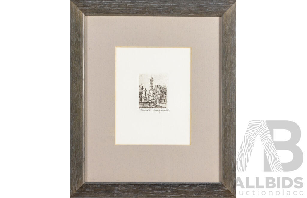 Ernst Geissendorfer, (20th Century, German, ?-1993), Rothenburg, Original Miniature Etching, 27H x 23W cm (frame)