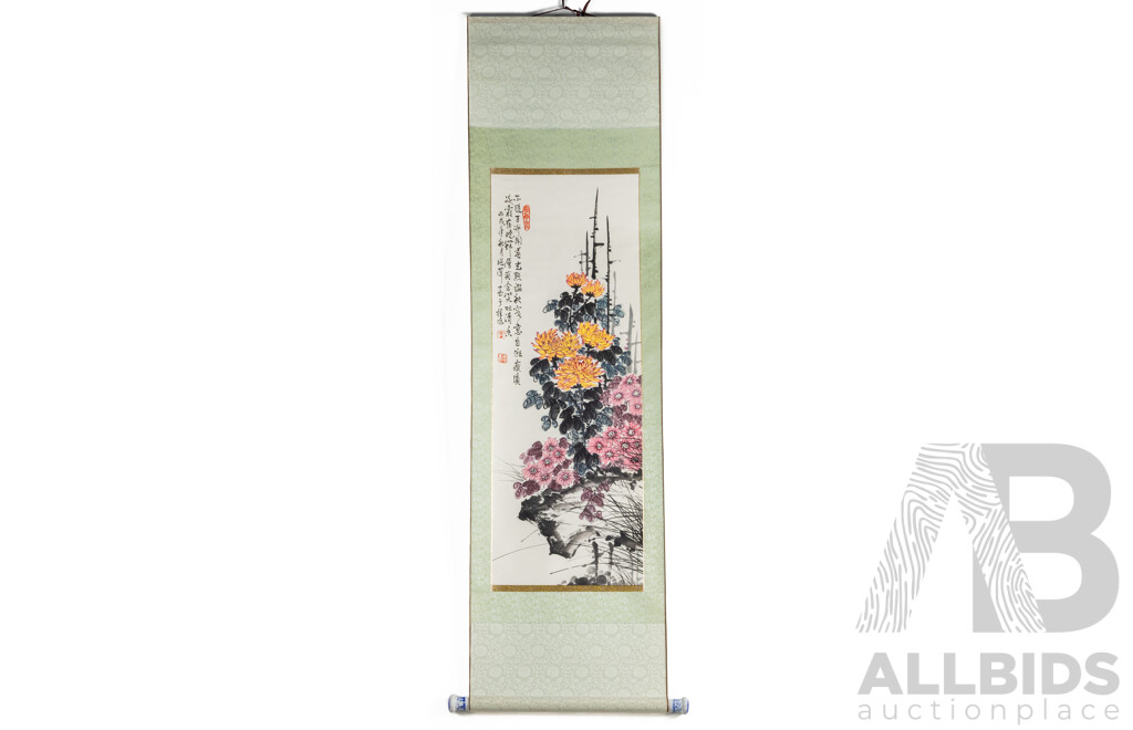Xiao Ping Guilin (20th Century, Chinese), Chrysanthemums (2006), Original Ink & Wash on Rice Paper & Silk Panel, 154H x 43W cm (scroll)