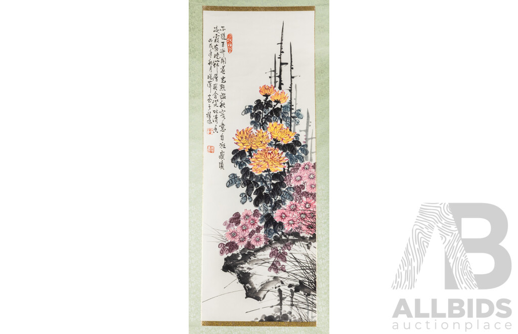 Xiao Ping Guilin (20th Century, Chinese), Chrysanthemums (2006), Original Ink & Wash on Rice Paper & Silk Panel, 154H x 43W cm (scroll)