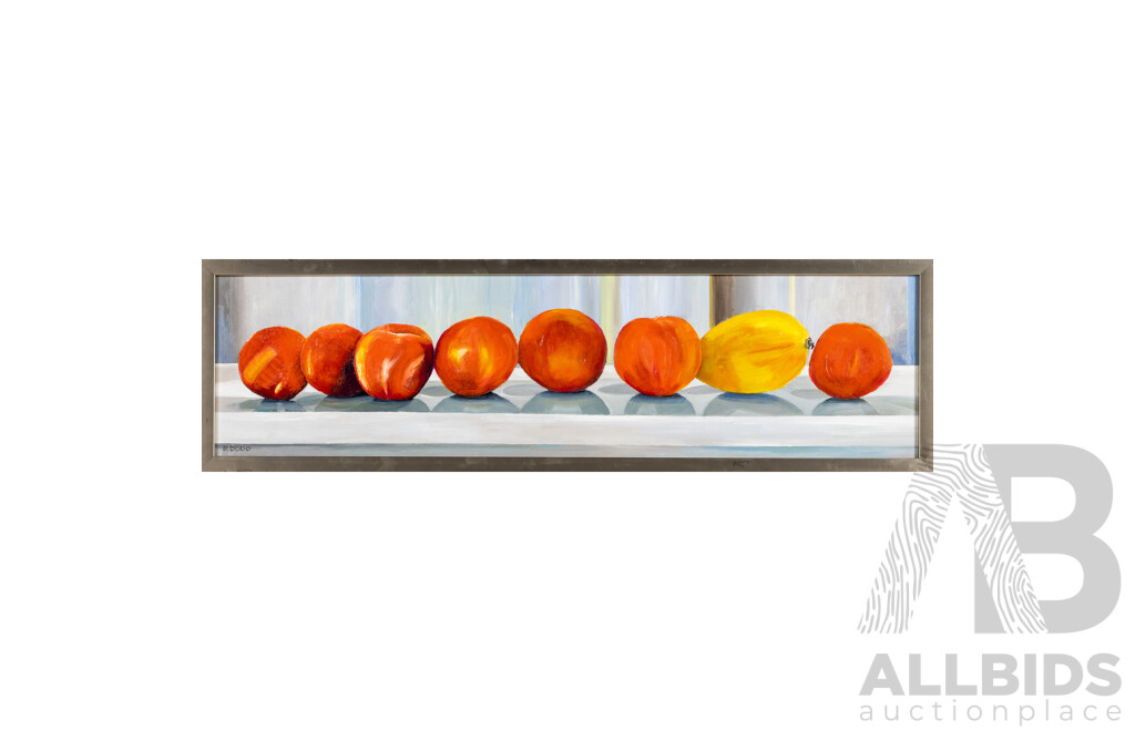 Ruth Dodd (20th Century, Australian), Seven Peaches & One Mango [Fruit Series # 23], Original Oil on Board, 25H x 83W cm (frame)
