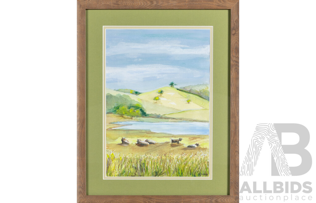 Ruth Dodd (20th Century, Australian), Cattle at the Dam [Greenwood Road, Murrumbateman, NSW], Original Watercolour Pastel and Acrylic,  49H x 39W cm (frame)