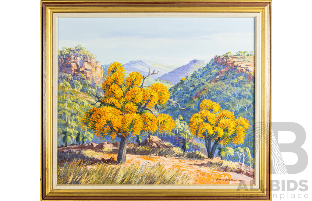 Anthony Lazberger, (20th Century, Australian, Active c1970s), Sparkle of Gold - Christmas Trees in a Hills Landscape (1975), Original Vintage Oil on Masonite, 90W x 77H cm (frame)