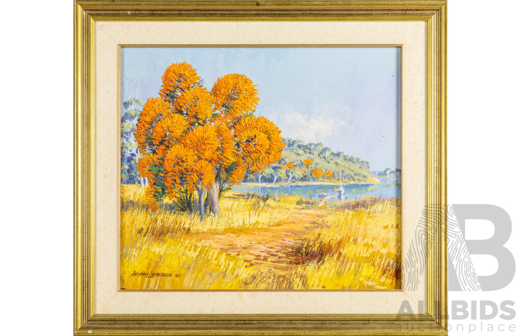 Anthony Lazberger, (20th Century, Australian, Active c1970s), Golden Trees in Autumn Landscape (1975), Original Vintage Oil on Canvas Cloth, 70W x 62H cm (frame)