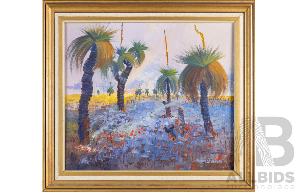 Anthony Lazberger, (20th Century, Australian, Active c1970s), Ravaged by Bushfire (1975), Original Vintage Oil on Masonite, 65W x 58H cm (frame)