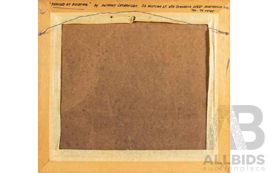 Anthony Lazberger, (20th Century, Australian, Active c1970s), Ravaged by Bushfire (1975), Original Vintage Oil on Masonite, 65W x 58H cm (frame)