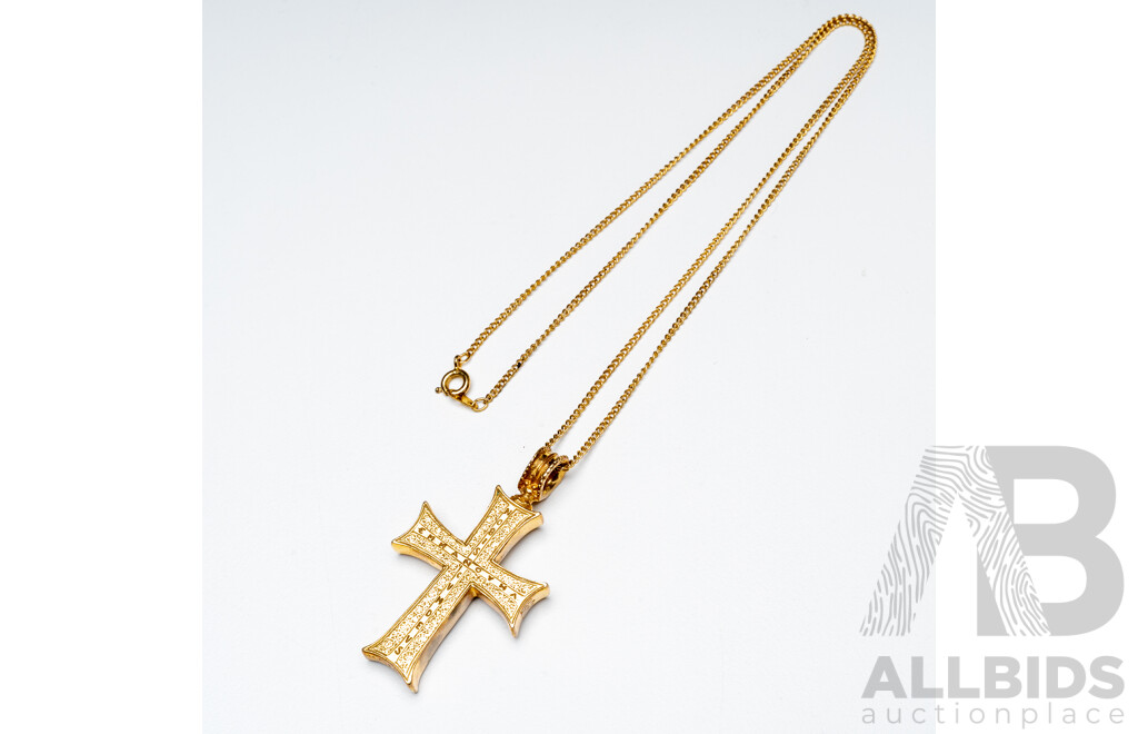 Gold Tone Necklace & Latin Cross Pendant. Length - 51cms