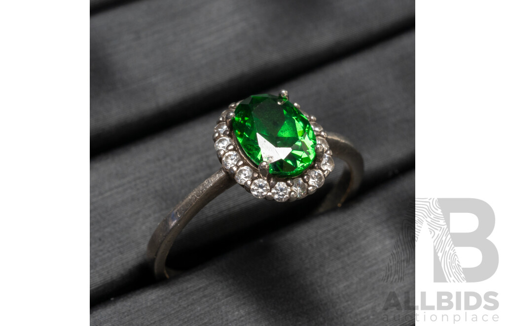 925 Sterling Silver Ring with Tourmaline & Cubic Zirconias - Size P