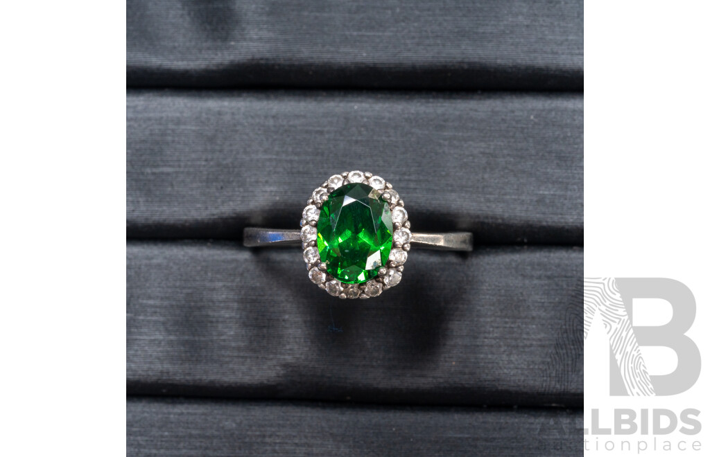 925 Sterling Silver Ring with Tourmaline & Cubic Zirconias - Size P