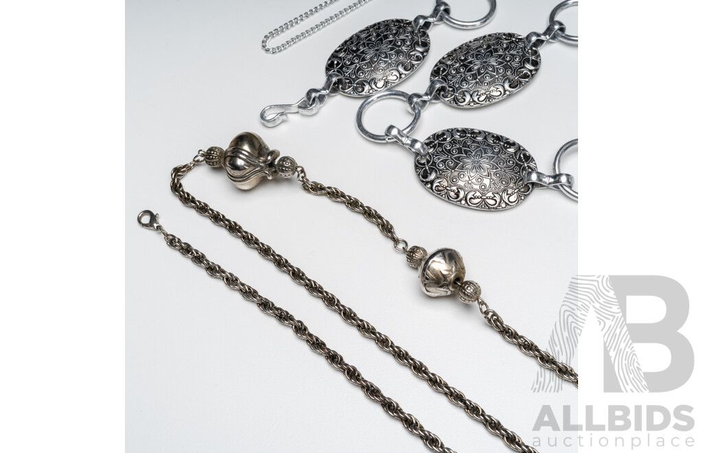 Collection of (4) Silver Tone Necklaces a Silver Tone Belt in a Pewter Jewellery Box - Lot of 6