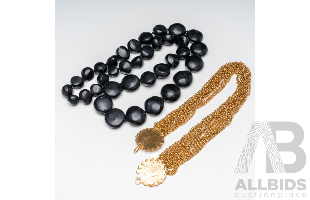Black Vegetable Ivory Necklace & Gold Tone Multi Belcher Chain Necklace - Lot of 2