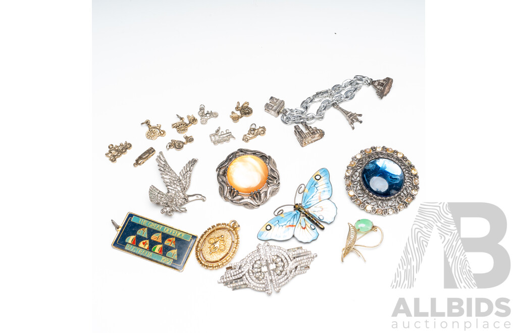 Collection of Brooches, Pendant, Gold & Silver Tone Bracelet and Charms - Lot of 9