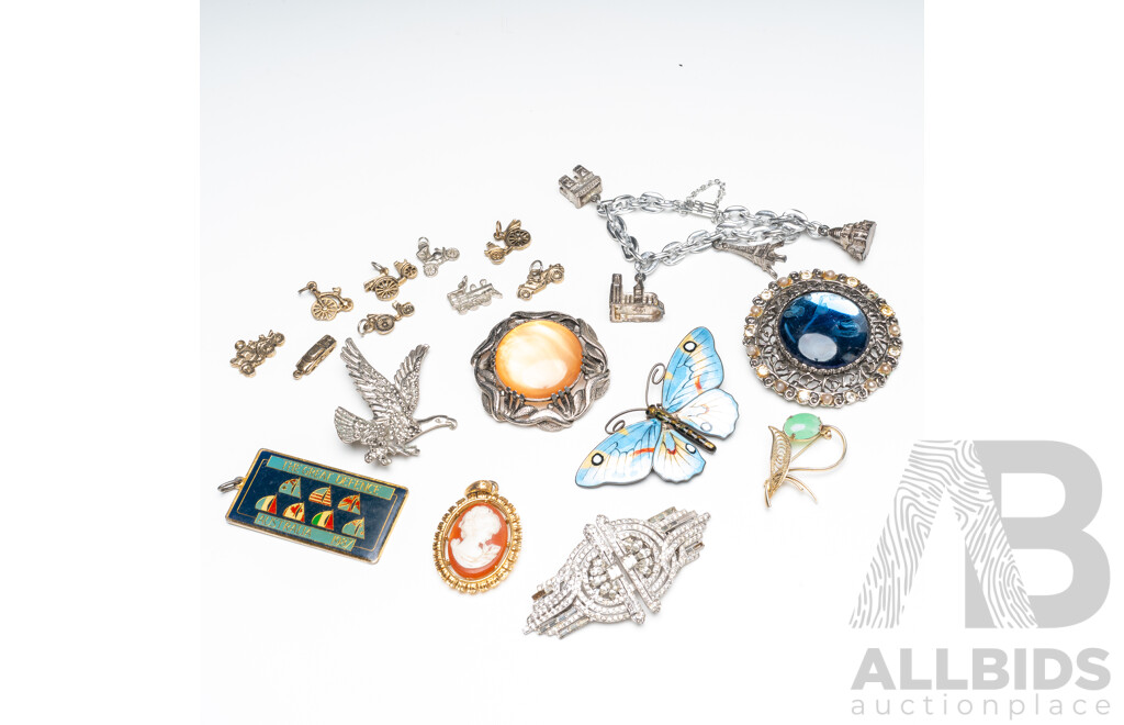 Collection of Brooches, Pendant, Gold & Silver Tone Bracelet and Charms - Lot of 9
