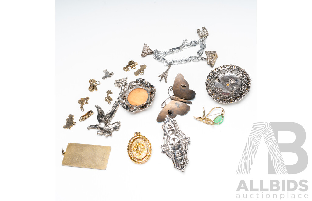 Collection of Brooches, Pendant, Gold & Silver Tone Bracelet and Charms - Lot of 9