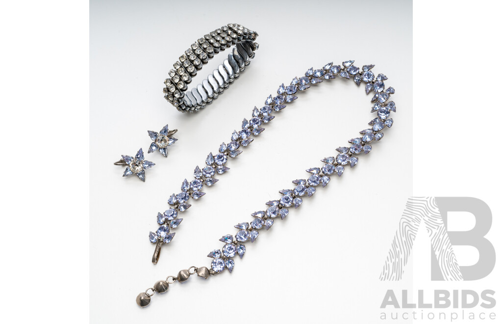 Silver Tone Violet Stone Necklace/Earrings Set & White Stone Stretch Bracelet - Lot of 3