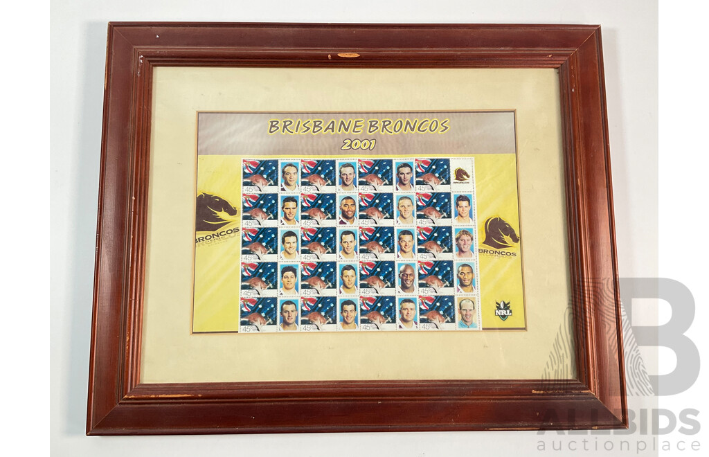Framed Australian 2001 Mint Stamp Sheet, Brisbane Broncos