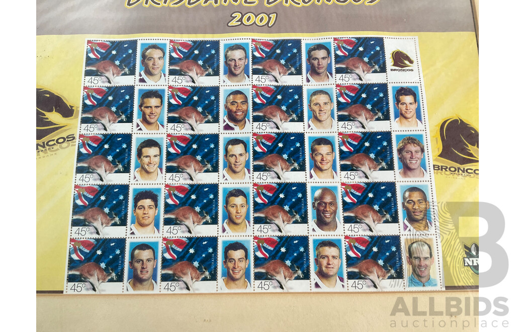 Framed Australian 2001 Mint Stamp Sheet, Brisbane Broncos