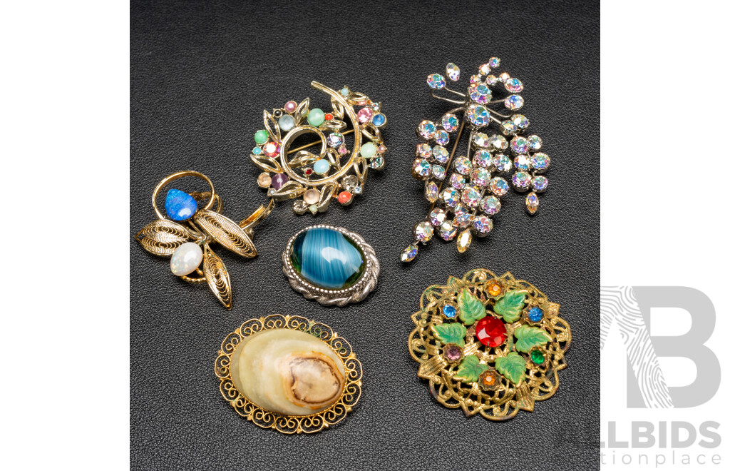 Collection of Vintage Gold & Silver Tone Brooches - Lot of 6