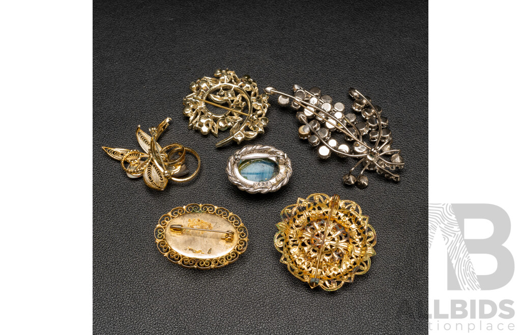 Collection of Vintage Gold & Silver Tone Brooches - Lot of 6