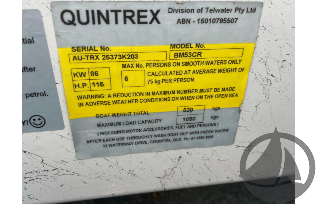 NO RESERVE - 2003 Quintrex 530 Coast Runner, 115HP 4 Stroke Yamaha, 340Hrs