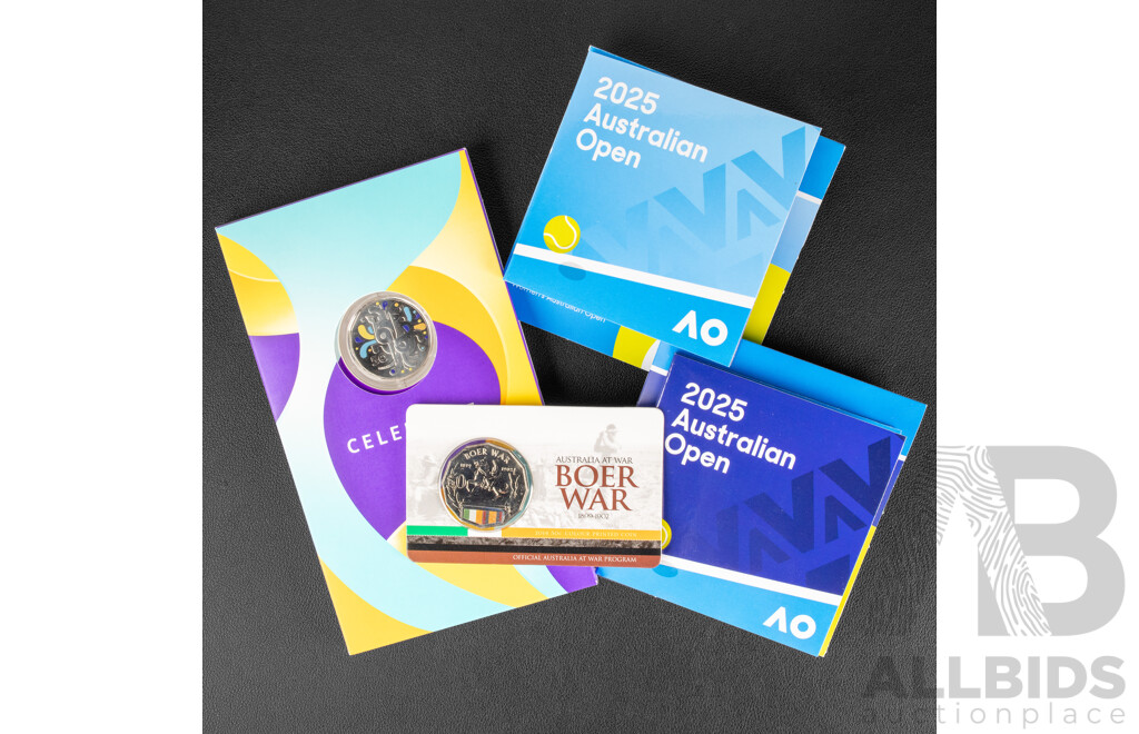 Australian 2025 Coloured Fifty Cent Coin, Celebrate, 2014 Coloured Fifty Cent, Boer War, Two 2025 Coloured Two Dollar Coins, Men's and Women's Australian Open