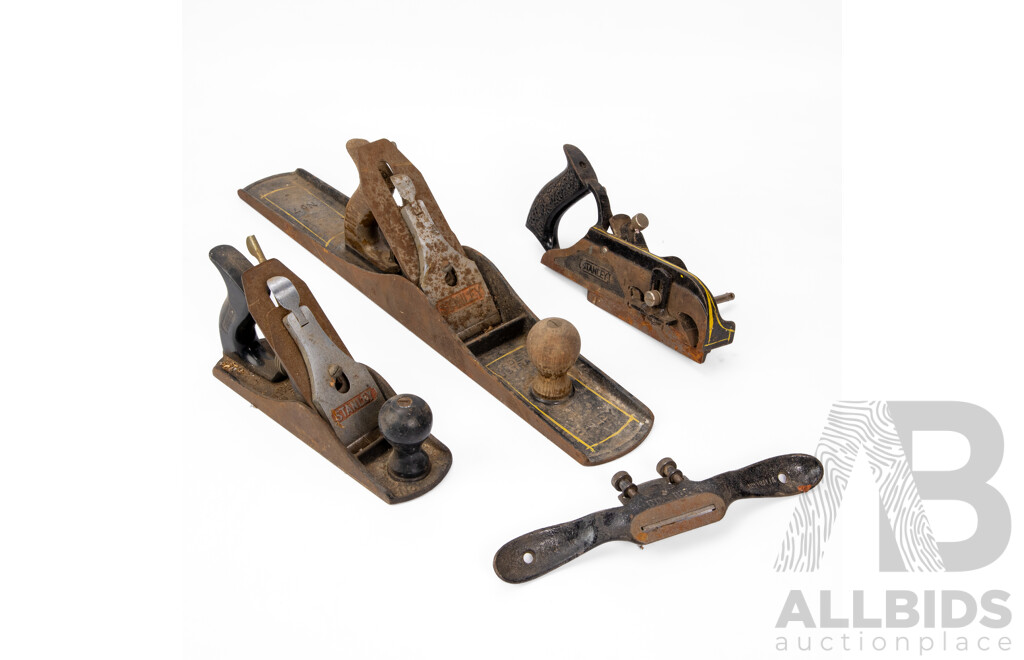 Four Stanley Woodworking Planes Including Number Seven Smoothing Plane, Number Four Bench Plane, Number Seventy Eight Rebate Plane, Spoke Shave