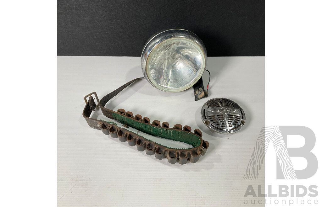 Vintage Harley Davidson Chrome Horn, Cibie Super Oscar Driving Lamp, Leather Bullet Belt