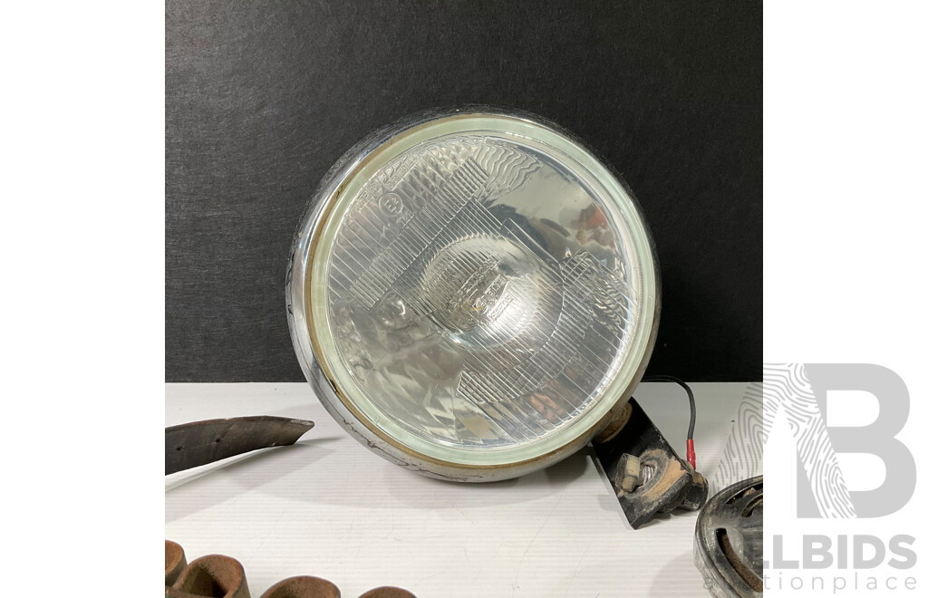 Vintage Harley Davidson Chrome Horn, Cibie Super Oscar Driving Lamp, Leather Bullet Belt