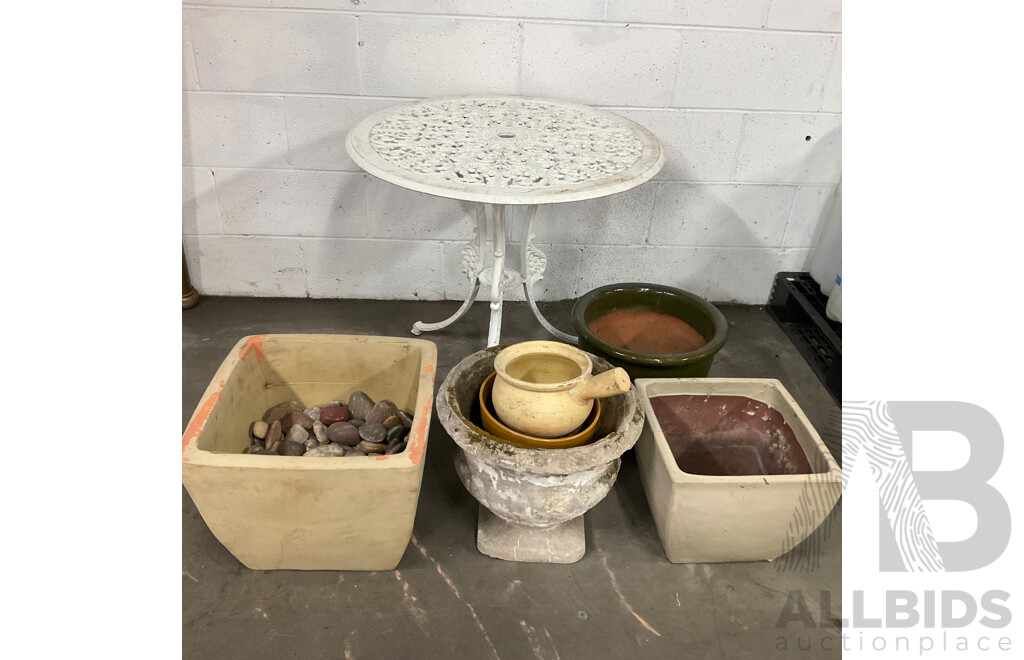 Garden Round Table and Assorted Pots