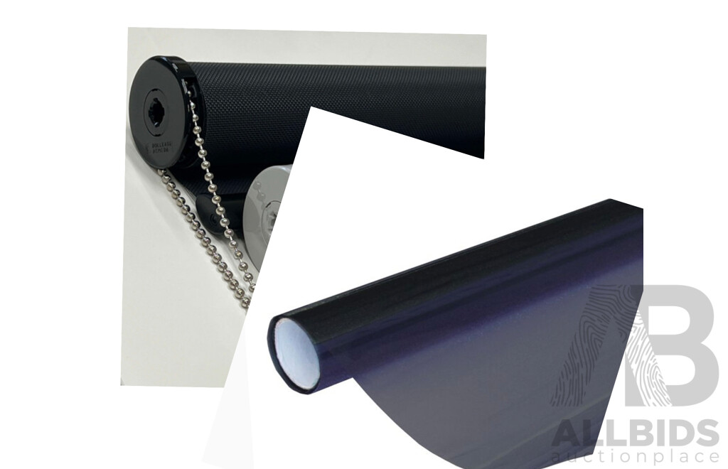 PILLAR Graphite Tint Window Film - Graphite 1.2x2.4m (2x), Dual Roller Blindes 120cm (3x), Block-Out Roller Blinde 100cm - Lot of 6