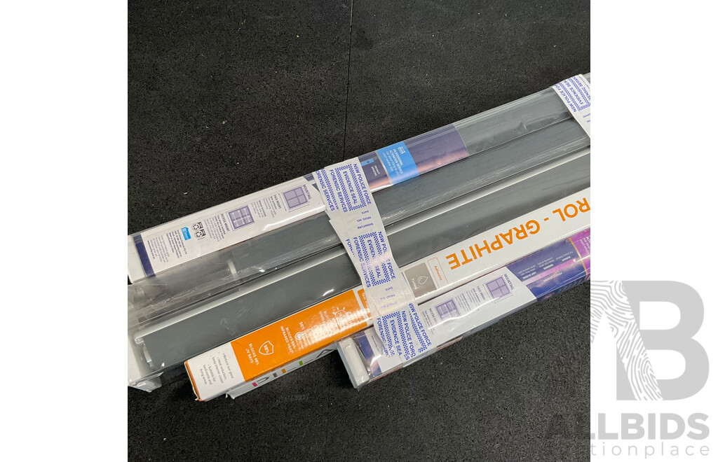 PILLAR Graphite Tint Window Film - Graphite 1.2x2.4m (2x), Dual Roller Blindes 120cm (3x), Block-Out Roller Blinde 100cm - Lot of 6