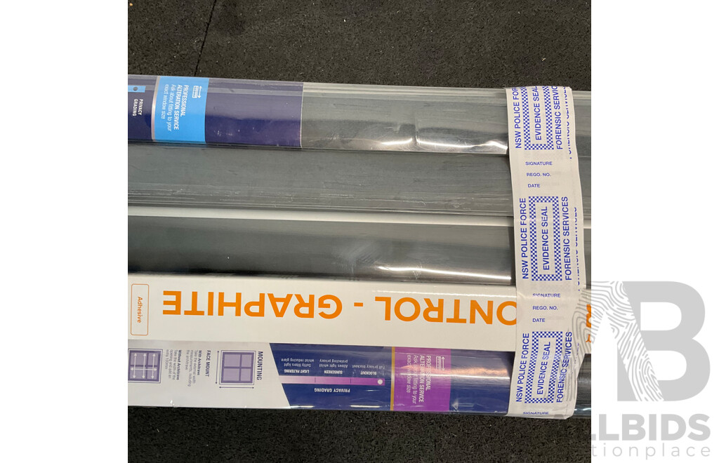 PILLAR Graphite Tint Window Film - Graphite 1.2x2.4m (2x), Dual Roller Blindes 120cm (3x), Block-Out Roller Blinde 100cm - Lot of 6