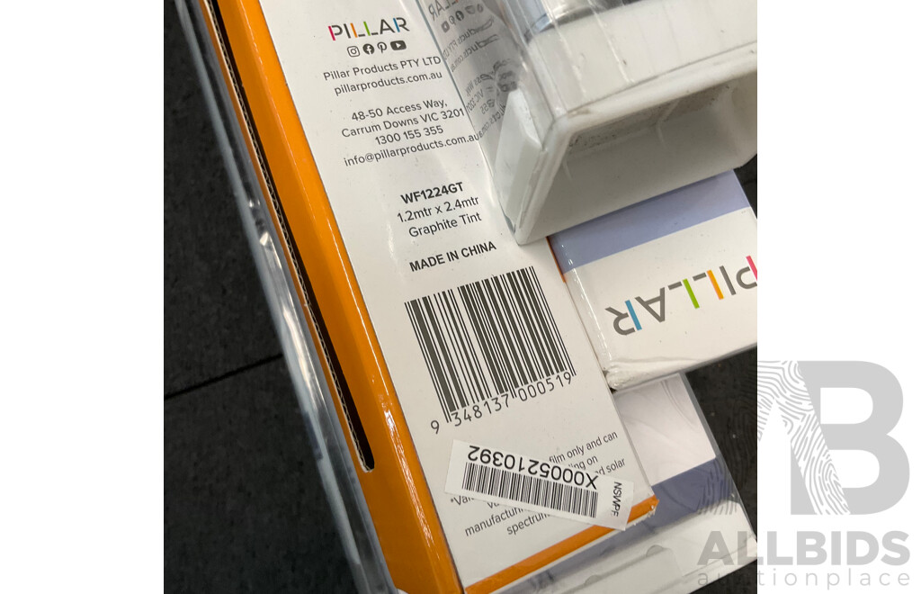 PILLAR Graphite Tint Window Film - Graphite 1.2x2.4m (2x), Dual Roller Blindes 120cm (3x), Block-Out Roller Blinde 100cm - Lot of 6