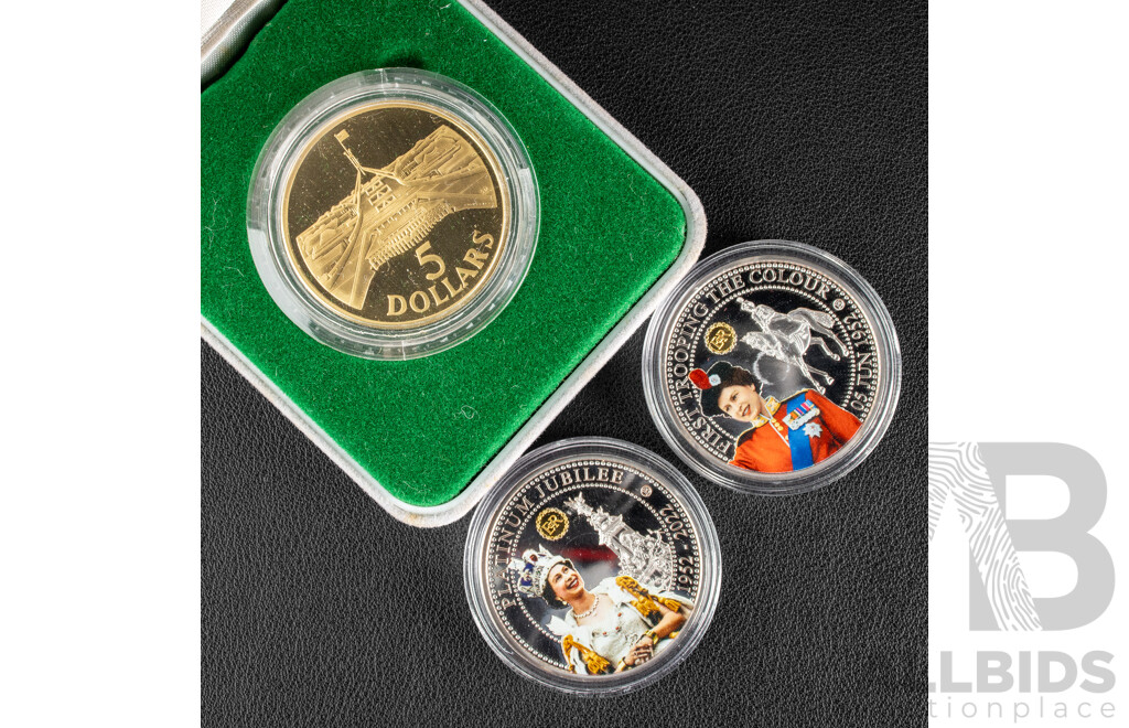 Australian RAM 1988 Proof Five Dollar Coin, New Parliament House with QE2 Trooping and Platinum Jubilee Coins