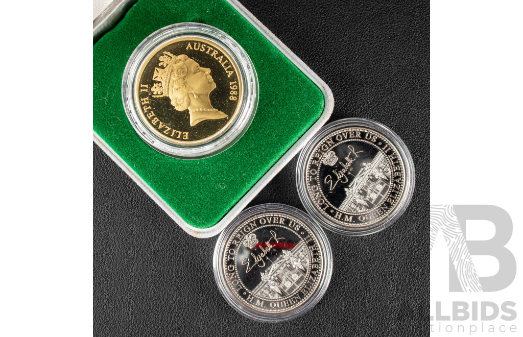 Australian RAM 1988 Proof Five Dollar Coin, New Parliament House with QE2 Trooping and Platinum Jubilee Coins