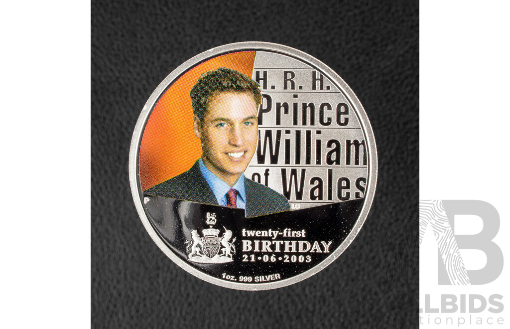 Australian Perth Mint 2003 Coloured Silver One Dollar Coin, H.R.H Prince William of Wales 21st Birthday .999