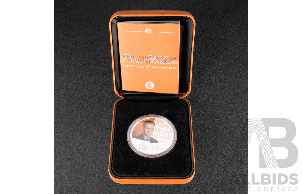 Australian Perth Mint 2003 Coloured Silver One Dollar Coin, H.R.H Prince William of Wales 21st Birthday .999