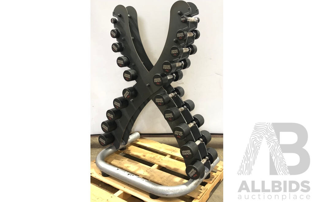 X Vertical Dumbbell Rack with 20 Hammer Strength 1kg to 10Kg Dumbbells