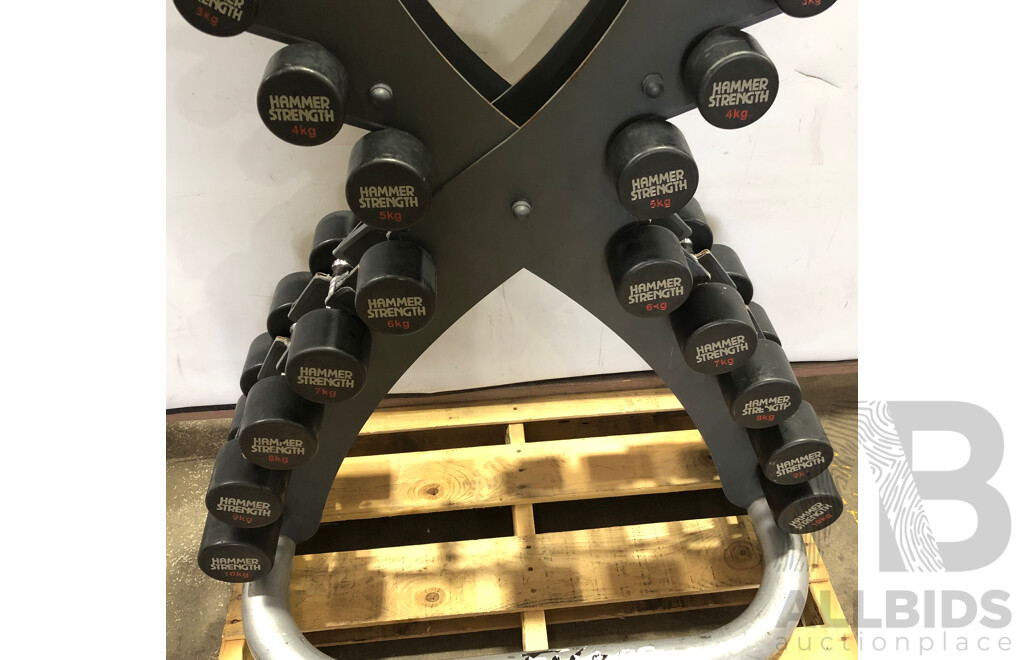 X Vertical Dumbbell Rack with 20 Hammer Strength 1kg to 10Kg Dumbbells