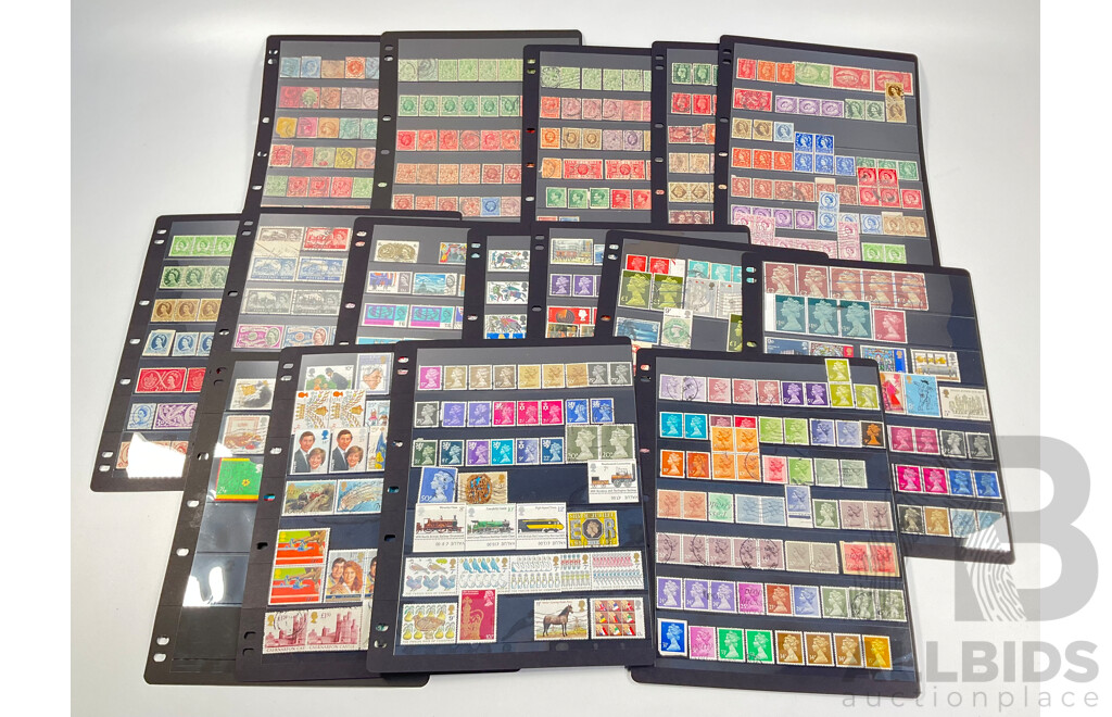 Collection of Great Britain Stamps, Examples Spanning 1880's to 1990, QV to QE2, Overprints, Perfins, Seahorse Ten Shillings