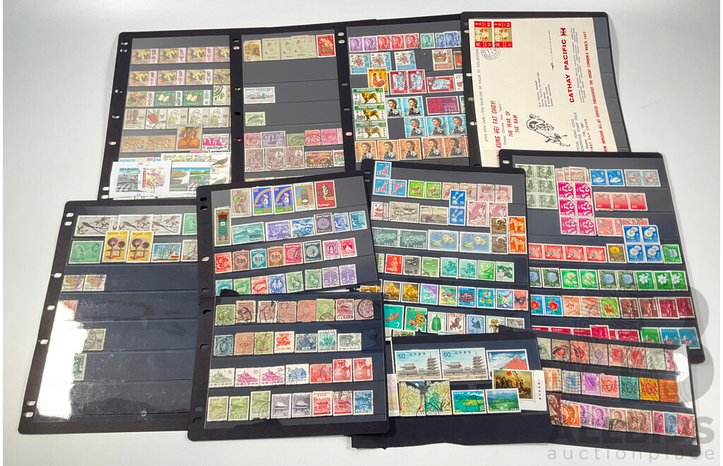 Collection Vintage Stamps Including China Dr Sun Yat Sen, Hong Kong KGV, QE2, Japan, Philippines, Malaysia, Macau, Israel, British Honduras, Ghana, Gold Coast, Overprints, Mints, Mint Hinged