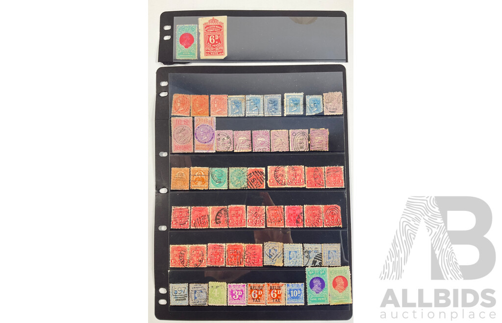 Collection Australian New South Wales Stamps Including QV Ten Shillings Hand Cancel, KGV Two Shillings, Six Pence Promissory Note, Relief Tax Overprints