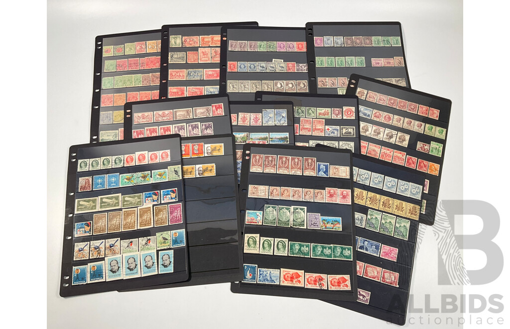 Collection of Australian Predecimal Stamps Spanning 1910's to 1965 Including KGV, KGVI, QE2, Kangaroo on Map Ninepence, Hand Cancel, Perfins, Five Shillings Coat of Arms, Threepence Kookaburra