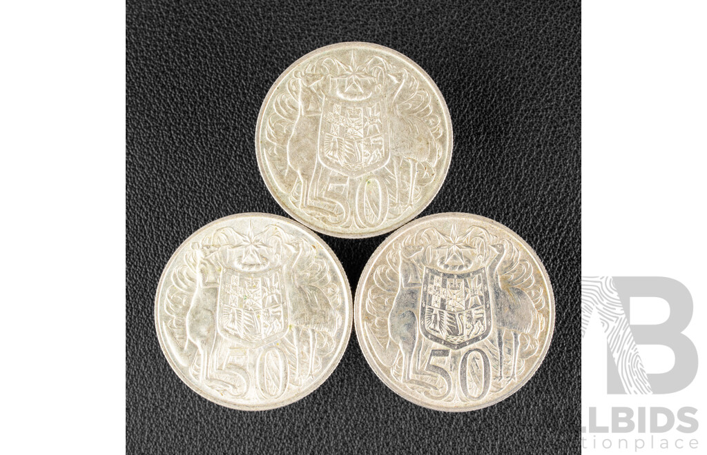 Three Australian 1966 Round Silver Fifty Cent Coins .800