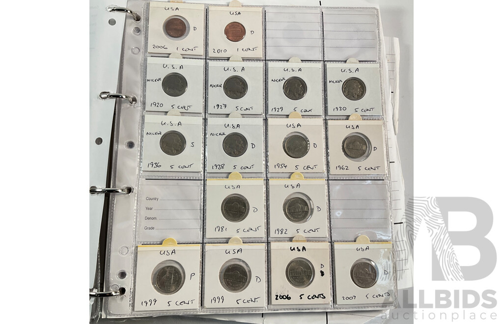 Album of American Coins Including One Cents, Five Cents, Dimes, Quarters, Half Dollars, One Dollars, Various Mints Including Commemorative Quarters, Examples Spanning 1920 to 2011, Some International