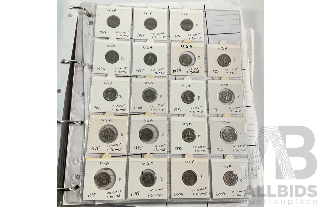 Album of American Coins Including One Cents, Five Cents, Dimes, Quarters, Half Dollars, One Dollars, Various Mints Including Commemorative Quarters, Examples Spanning 1920 to 2011, Some International
