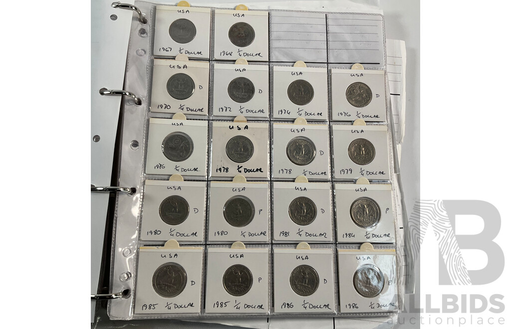 Album of American Coins Including One Cents, Five Cents, Dimes, Quarters, Half Dollars, One Dollars, Various Mints Including Commemorative Quarters, Examples Spanning 1920 to 2011, Some International